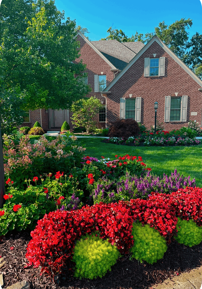 Beautiful garden with vibrant flowers in front of a brick house.